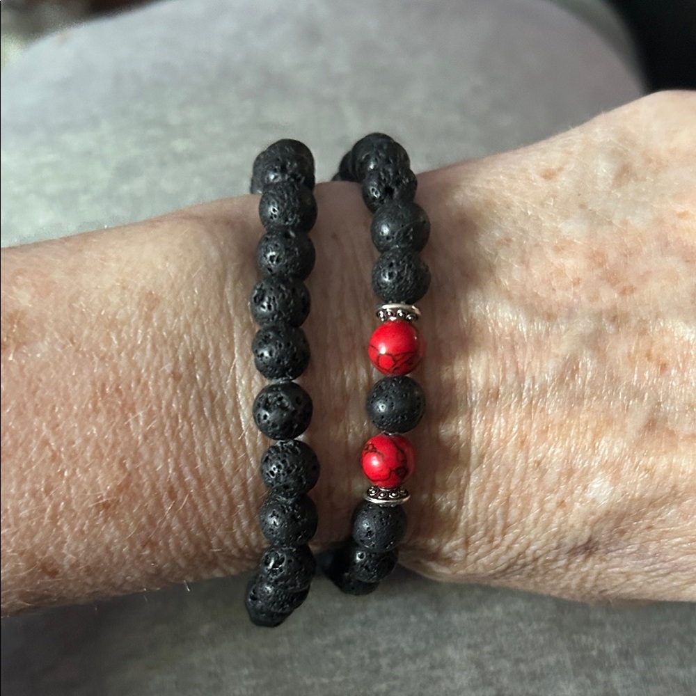 Volcanic Lava Rock and Red Howlite Beaded Bracelet Set